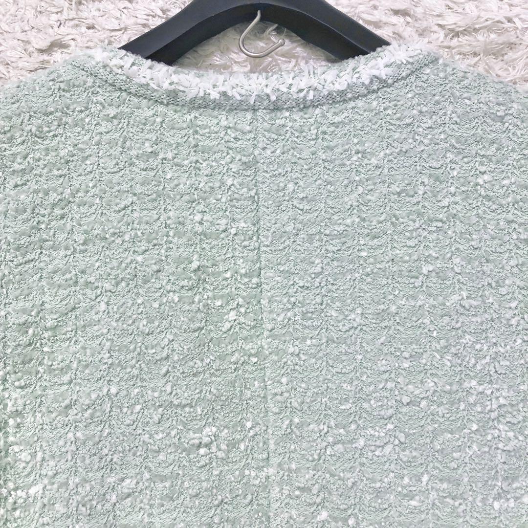 極美品✨フォクシー ツイード ニットジャケット ノーカラー ミント色 FOXEY*フォクシーツイードニットノーカラージャケットミント