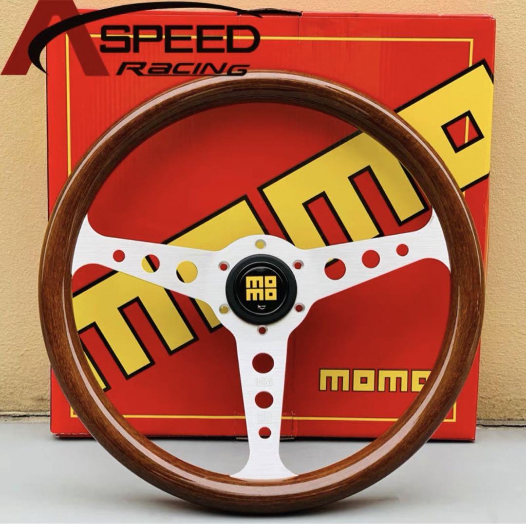 MOMO ポリッシュウッドステアリングブラックとシルバー350mm