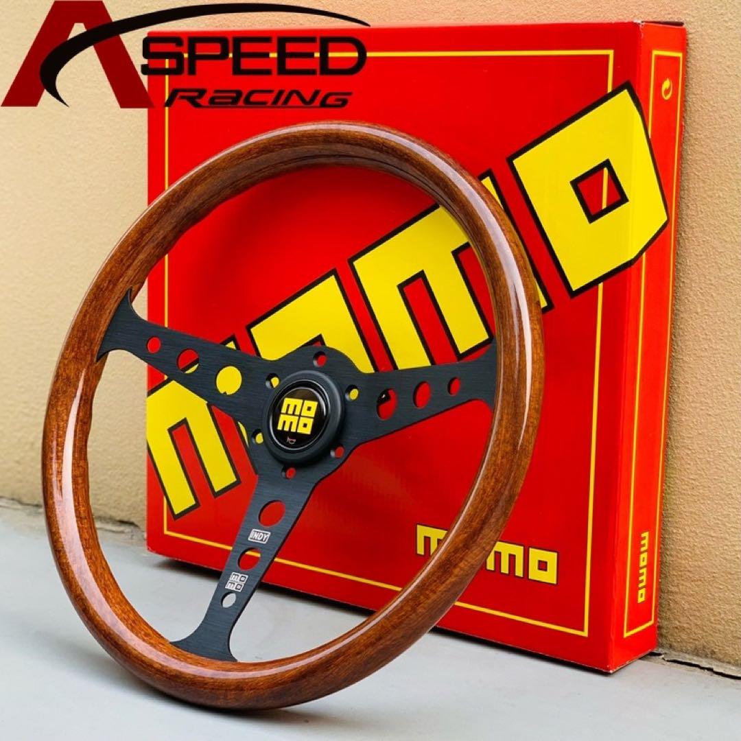 MOMO ポリッシュウッドステアリングブラックとシルバー350mm