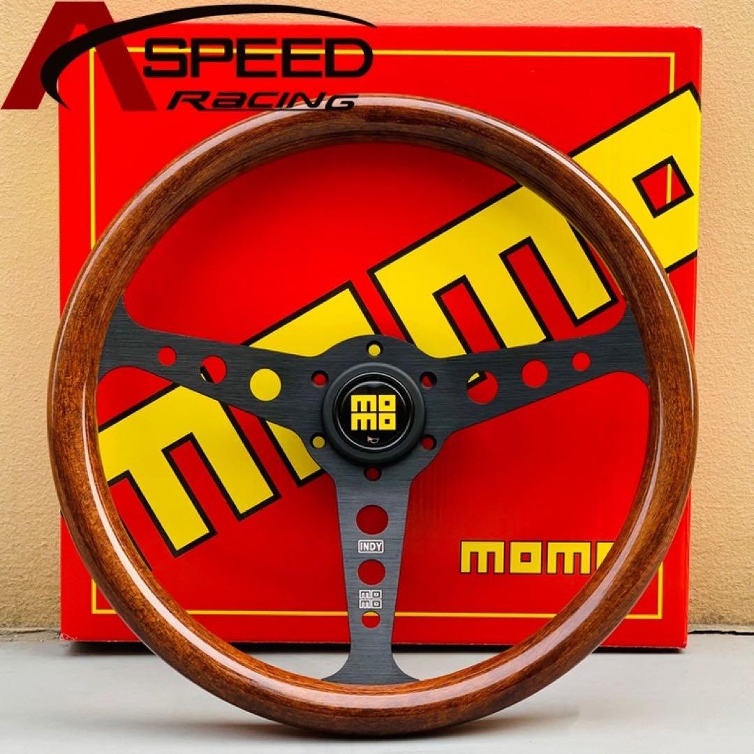MOMO ポリッシュウッドステアリングブラックとシルバー350mm