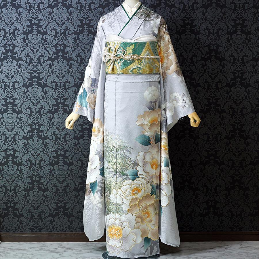 スーパーセール 半額タイムセール 振袖セット オーダー仕立て 大輪 牡丹 刺繍 金彩 グレー 成人式 着物・浴衣