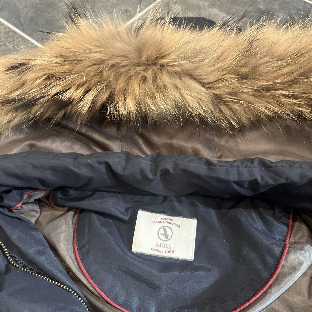 AIGLE エーグル ファー付 ダウンコート ネイビー レディース Sサイズ