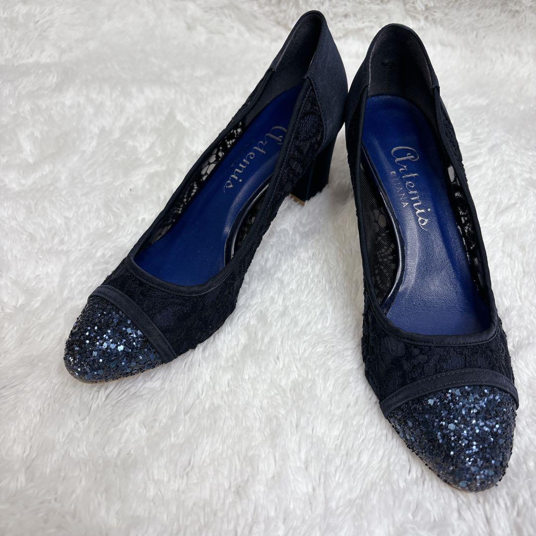 181【超美品】パンプス ダイアナ DIANA 23cm ネイビー レース
