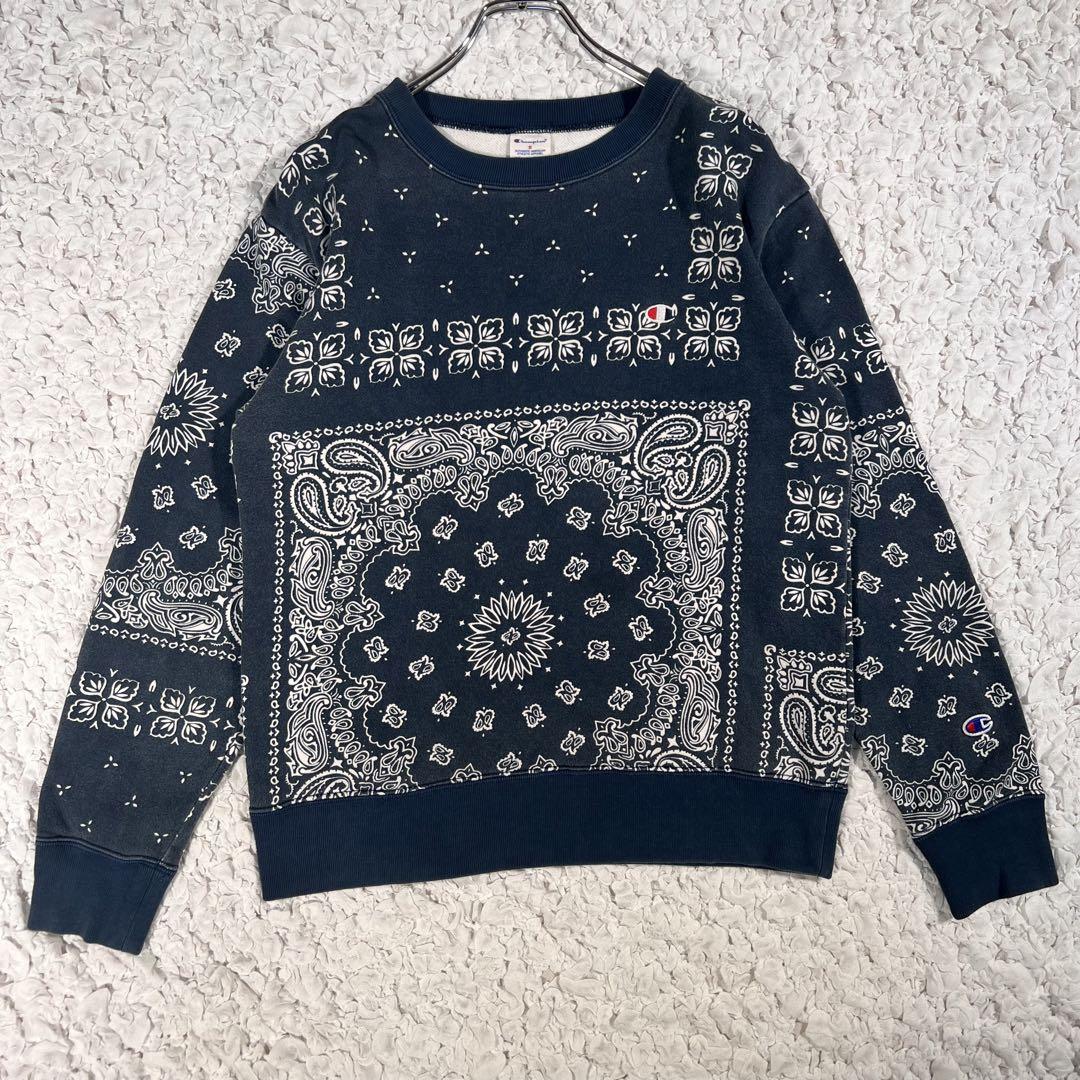 『希少』　チャンピオン　スウェット　ペイズリー柄　刺繍ロゴ　くすみブルー　【S】