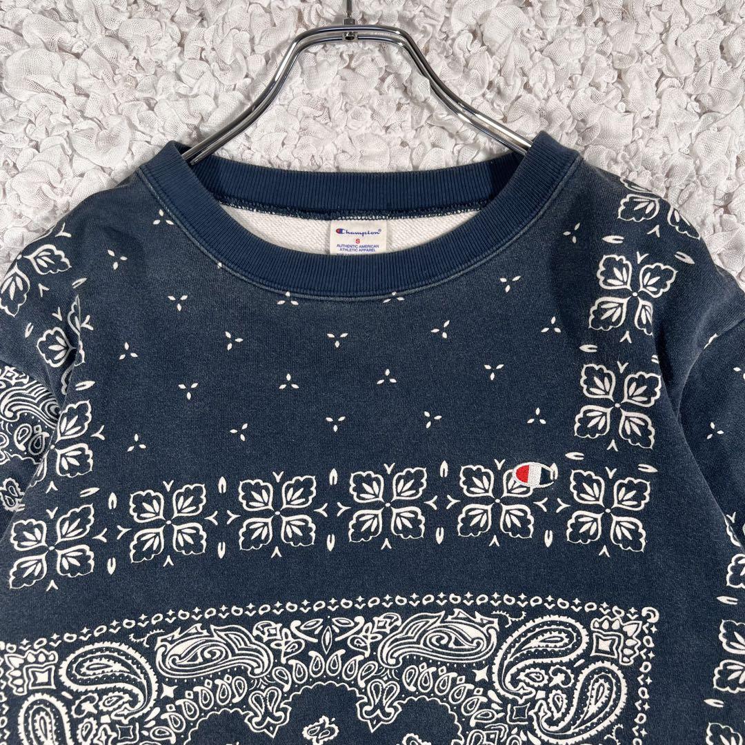 『希少』　チャンピオン　スウェット　ペイズリー柄　刺繍ロゴ　くすみブルー　【S】