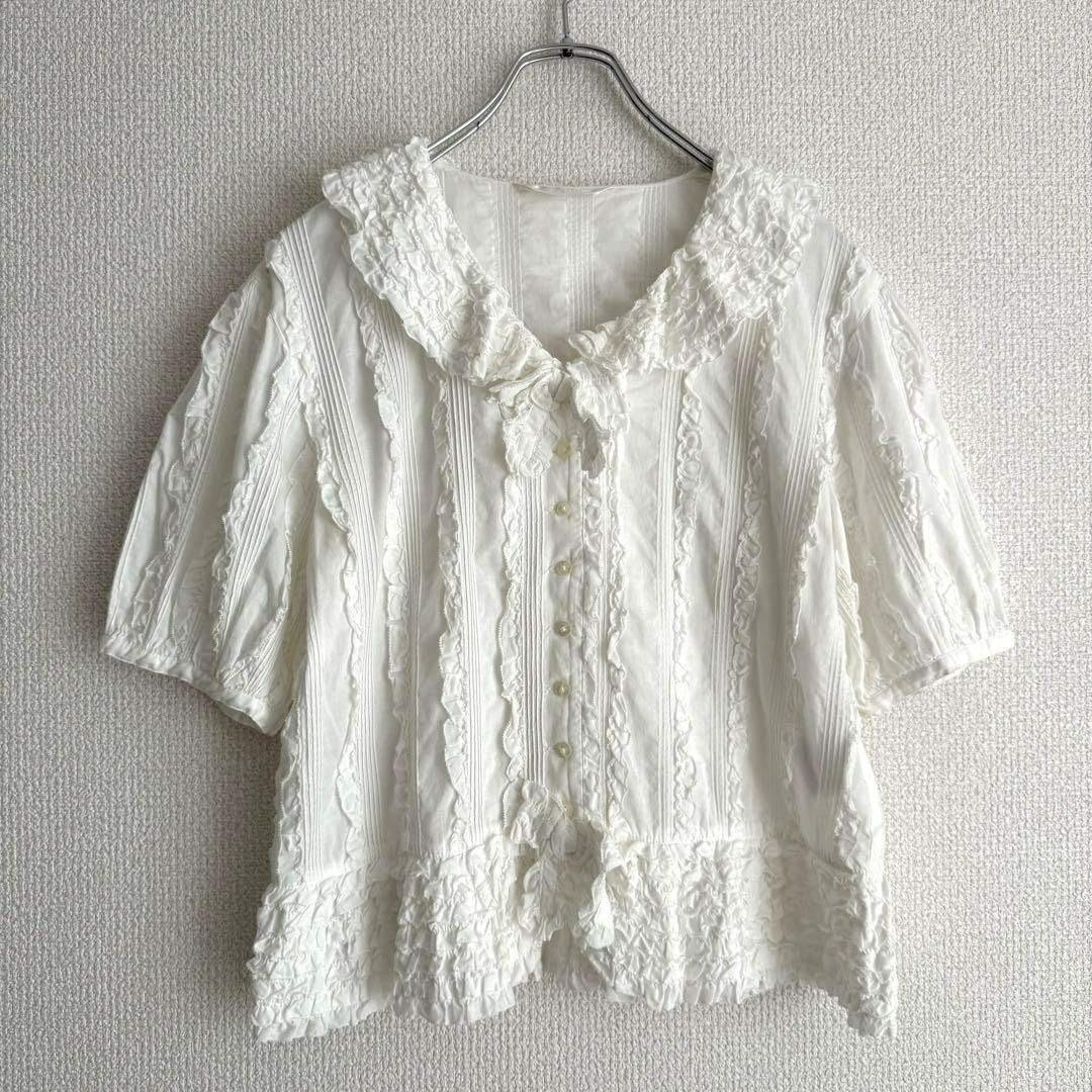 【極美品】PINK HOUSE 半袖ブラウス ピコフリル ホワイト