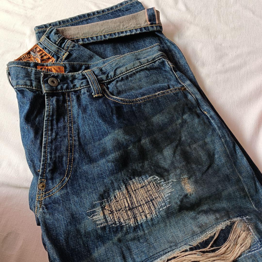 【CALEE】ダメージ加工 ストレートデニム ダークブルー XL