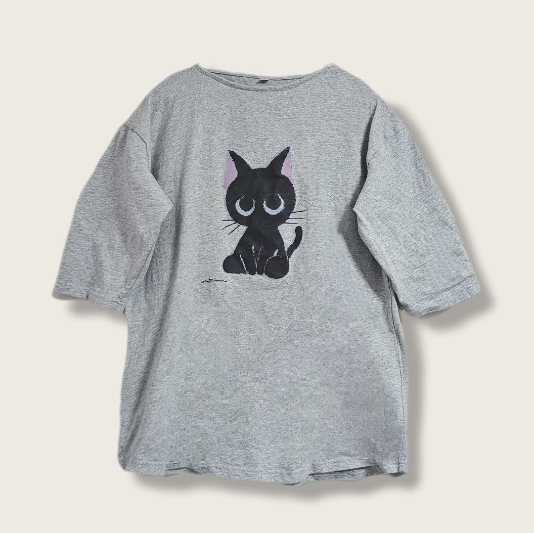 ネコちゃんプリントTシャツ オーガニックコットン100% 黒猫