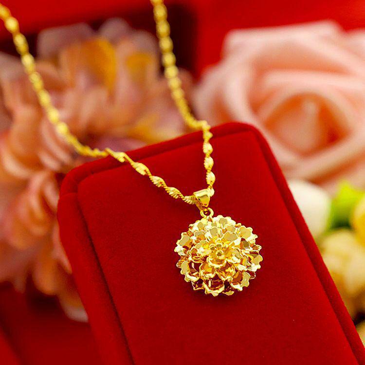 24K金マルチレイヤーフラワーペンダントレディネックレス本物の999金608