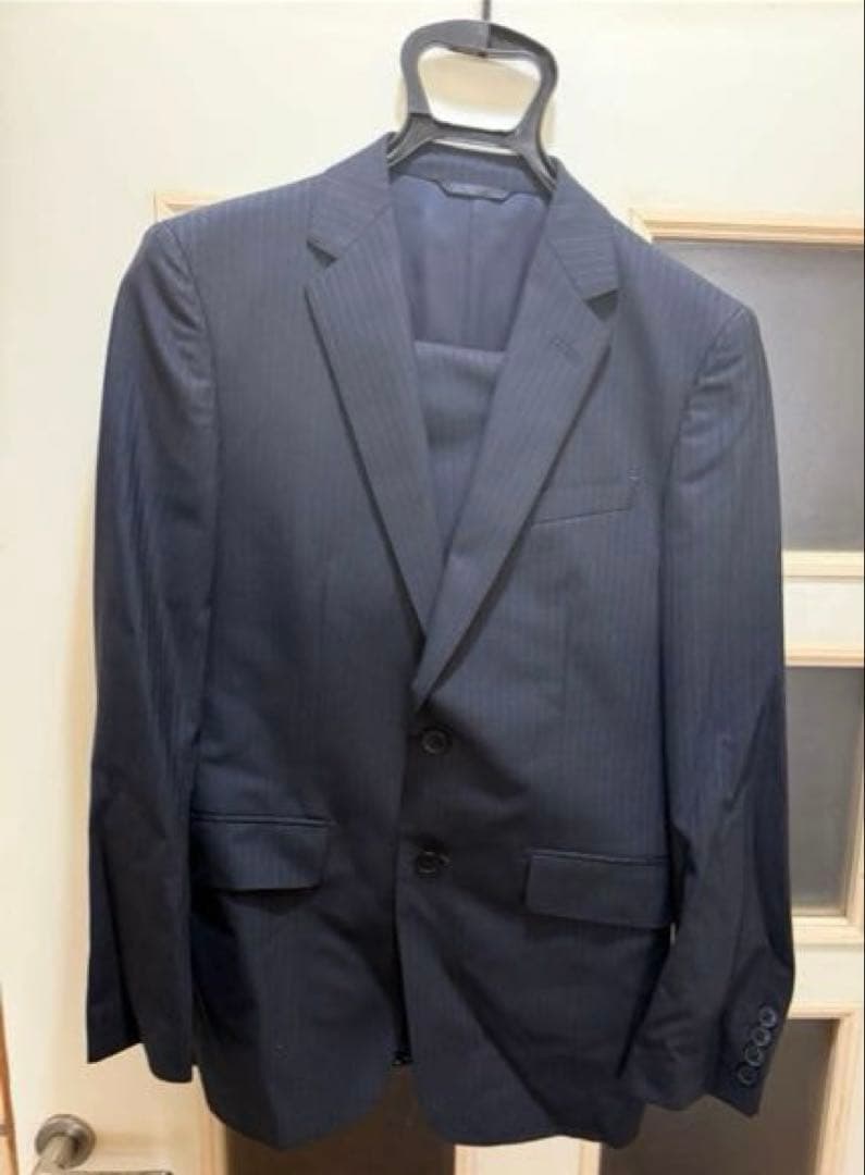 MAJID ネイビー ストライプ ビジネススーツS