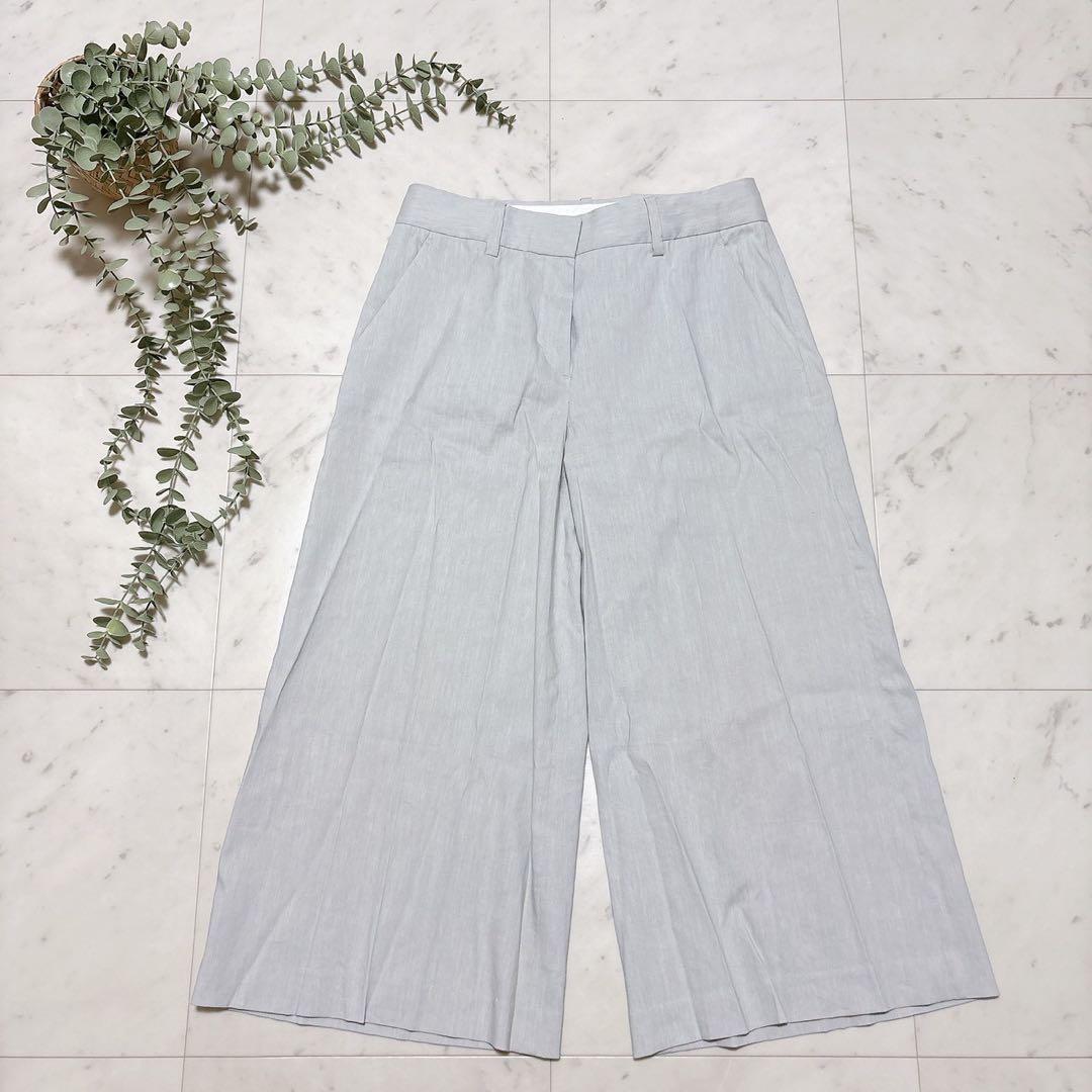 セオリー パンツスーツセットアップ リネン ノーカラー ワイドパンツ グレー
