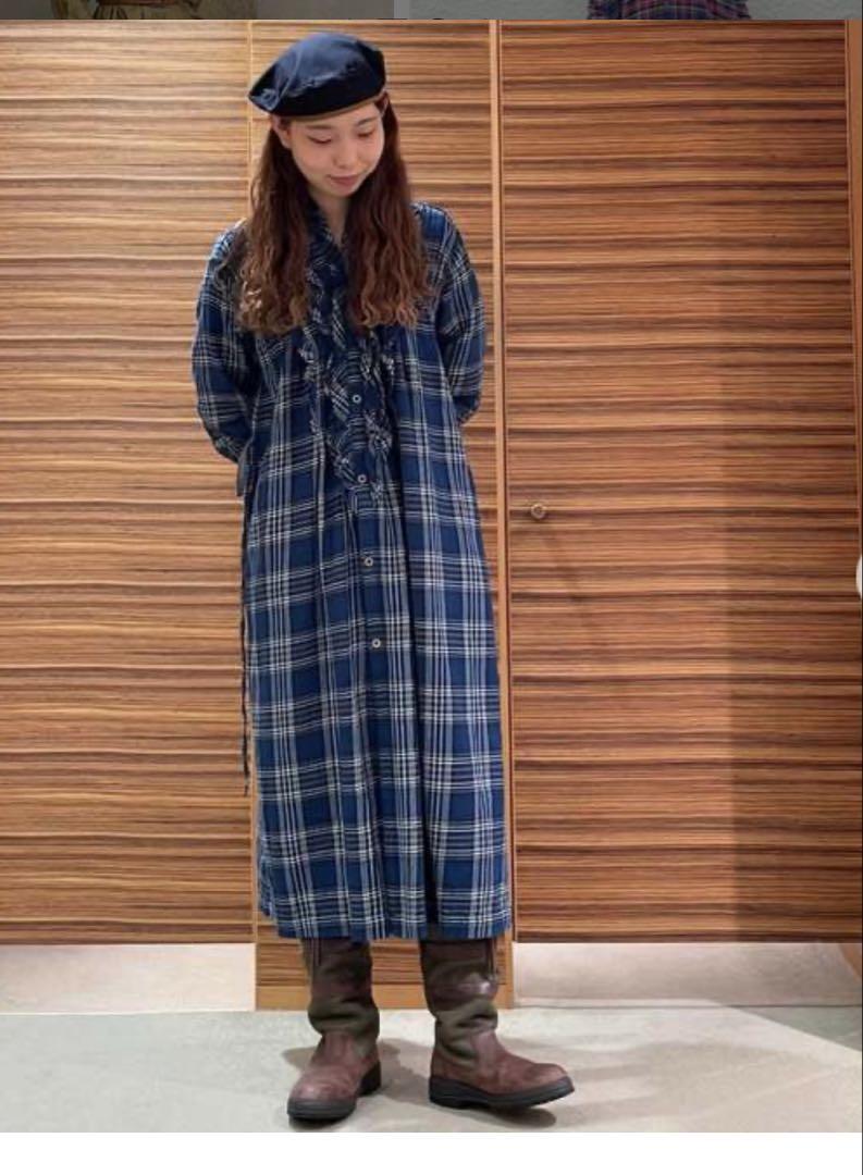 45R 藍インドネルチェックのカシュクールドレス 45r 藍インドネルチェックのカシュクールドレス