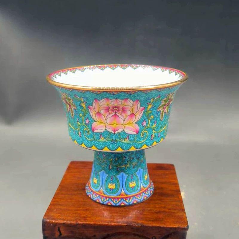 緑底琺瑯彩八吉祥蓮華高脚杯 陶磁器 現代工芸品 美術品 装飾品