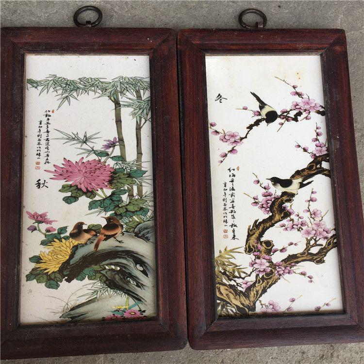 陶板画 パステル春夏秋冬花鳥四条屏 壁掛装飾品 工芸品 置物
