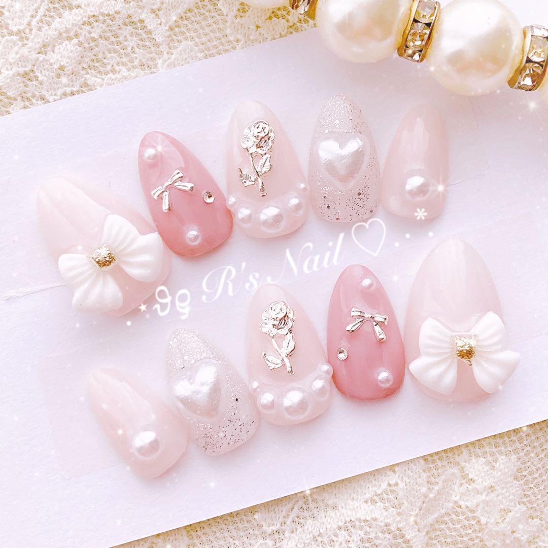 オーダー◇ネイルチップ ピンク 量産型 フレンチガーリー リボン 韓国 推し オーダーネイルチップ♡フレンチガーリー韓国量産型リボン上品