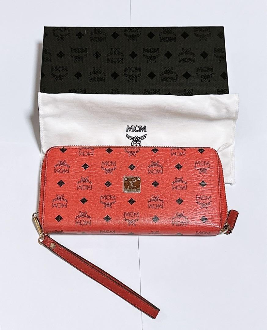 中古品正規 MCM 長財布 赤 レッド ピンク 総柄 ラウンドファスナー 画像2