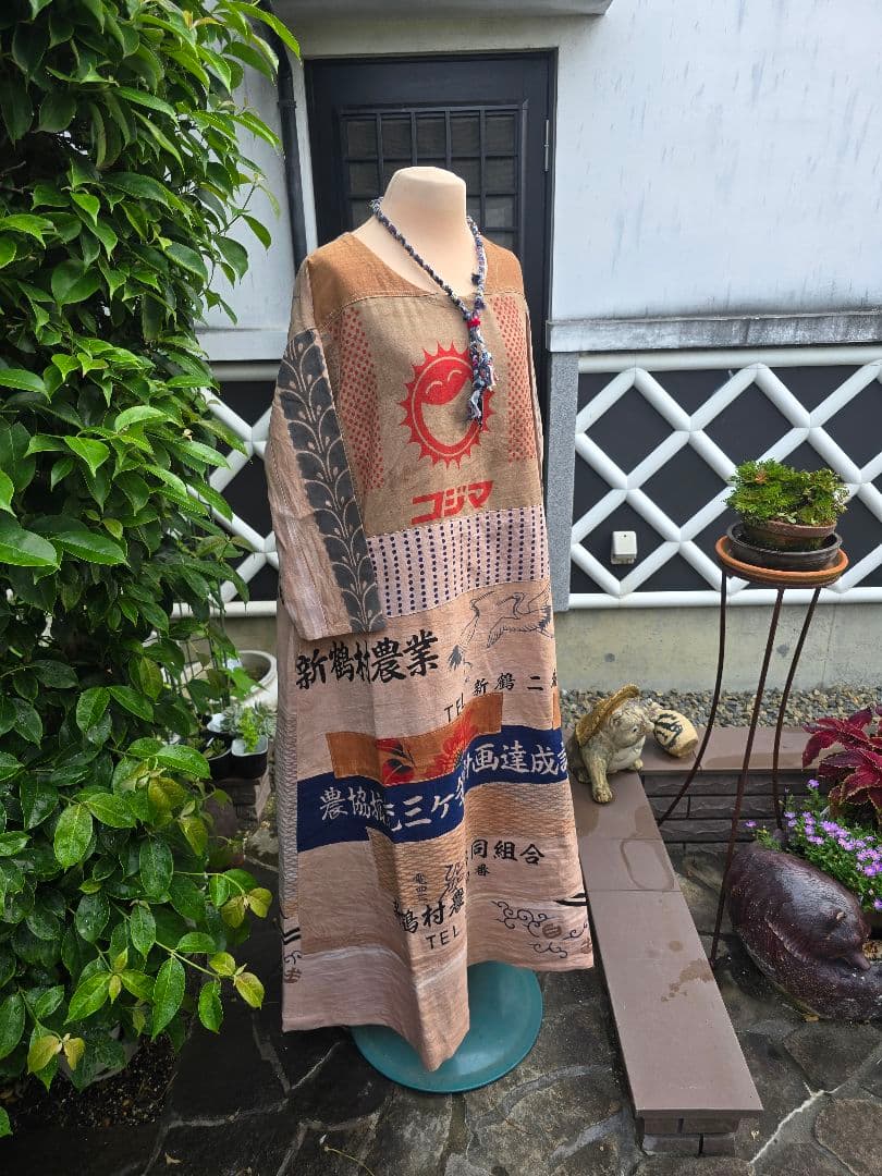 着物リメイク ハンドメイド 柿渋染め 手ぬぐい パッチワーク ワンピース NEXPOTALLINN_EU