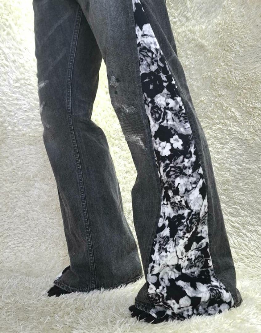 再構築 フレアデニム ブラック 花柄 ダメージ リメイク