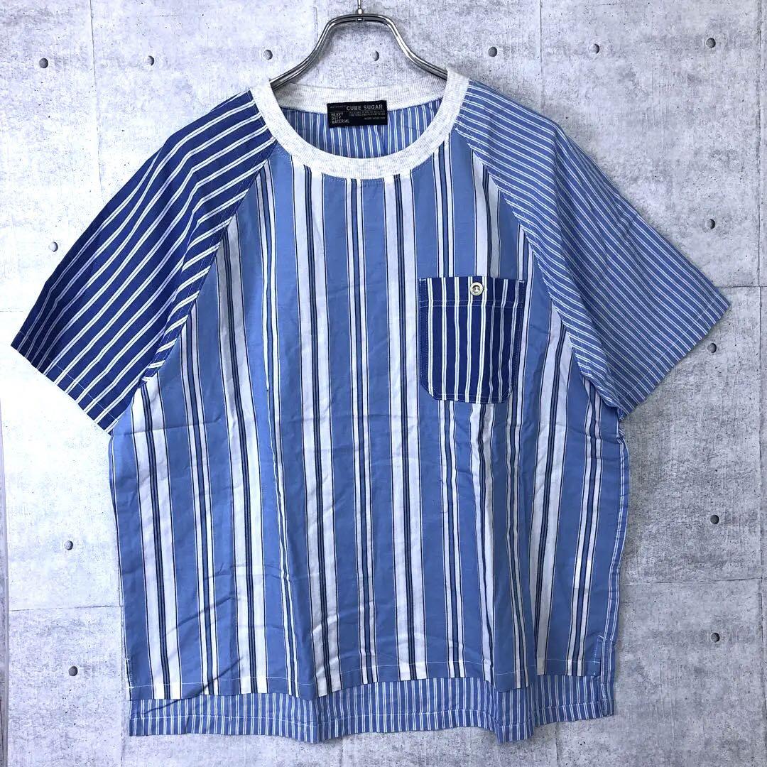 CUBE SUGAR 胸ポケット付き ラグランスリーブ ストライプTシャツ