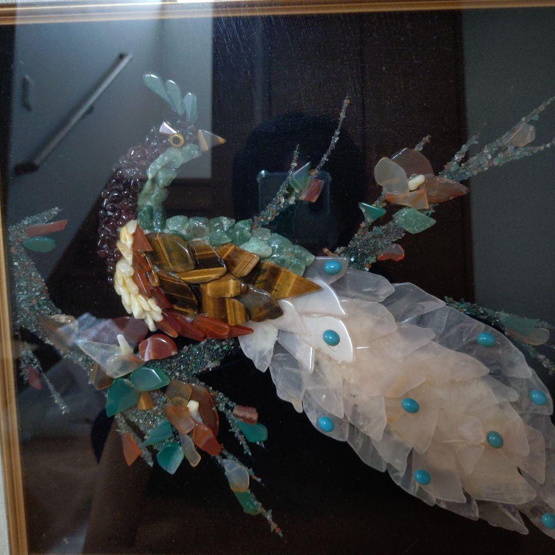 昭和レトロ 天然石絵画・貴石画 アンテーク美術工芸品／孔雀