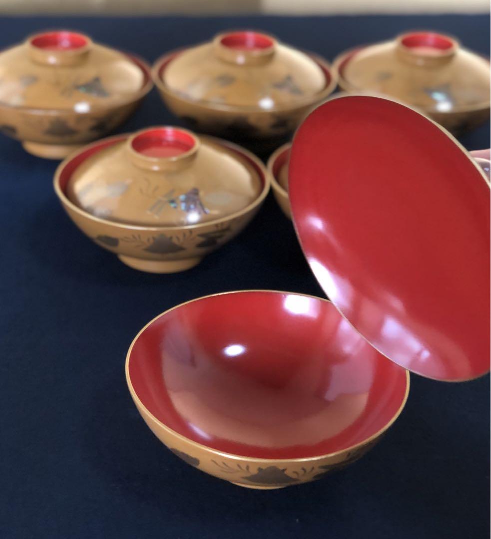螺鈿 貝蒔絵 吸物椀6客 木製漆器 時代　241225か4