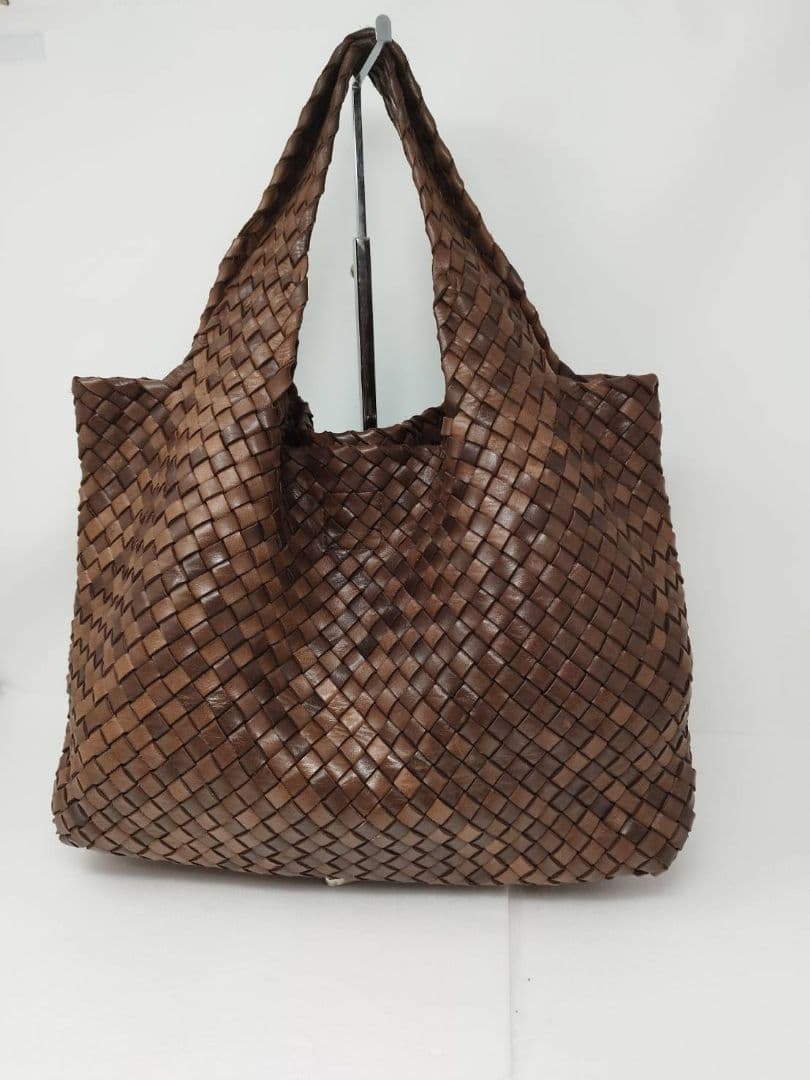 編み込みレザートートバッグ ブラウン