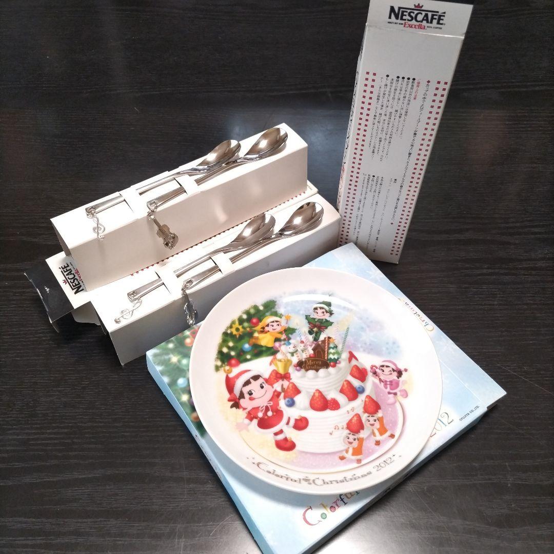 不二家ペコちゃんケーキ皿①枚&ネスカフェペアメロディスプーン②4本♥クリスマス