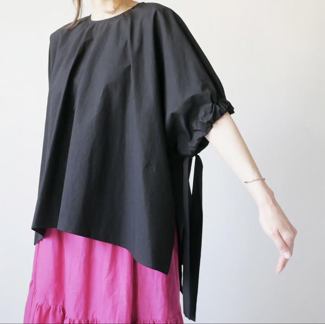 美品 サクラ SACRA コットンリネンタイプライターブラウス 袖リボン 半袖 美品 サクラ SACRA コットンリネンタイプライターブラウス 袖