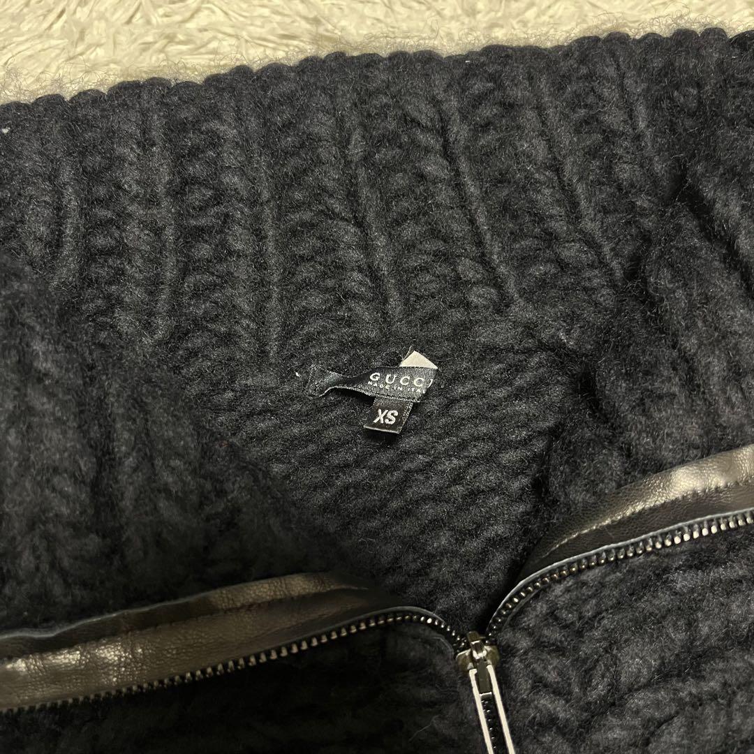 希少 GUCCI ウール ニット ジャケット 厚手 ブラック 黒 レザー XS