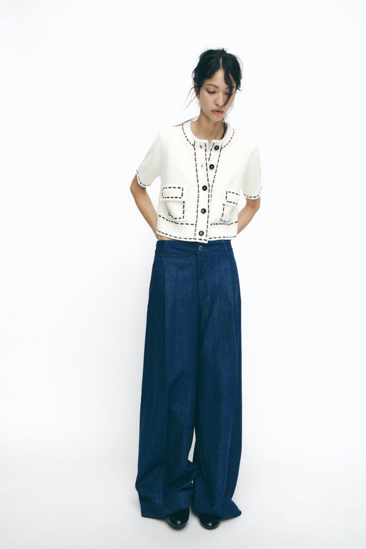 新品完売品　ZARA ステッチ入りショートスリーブニットジャケット Lサイズ