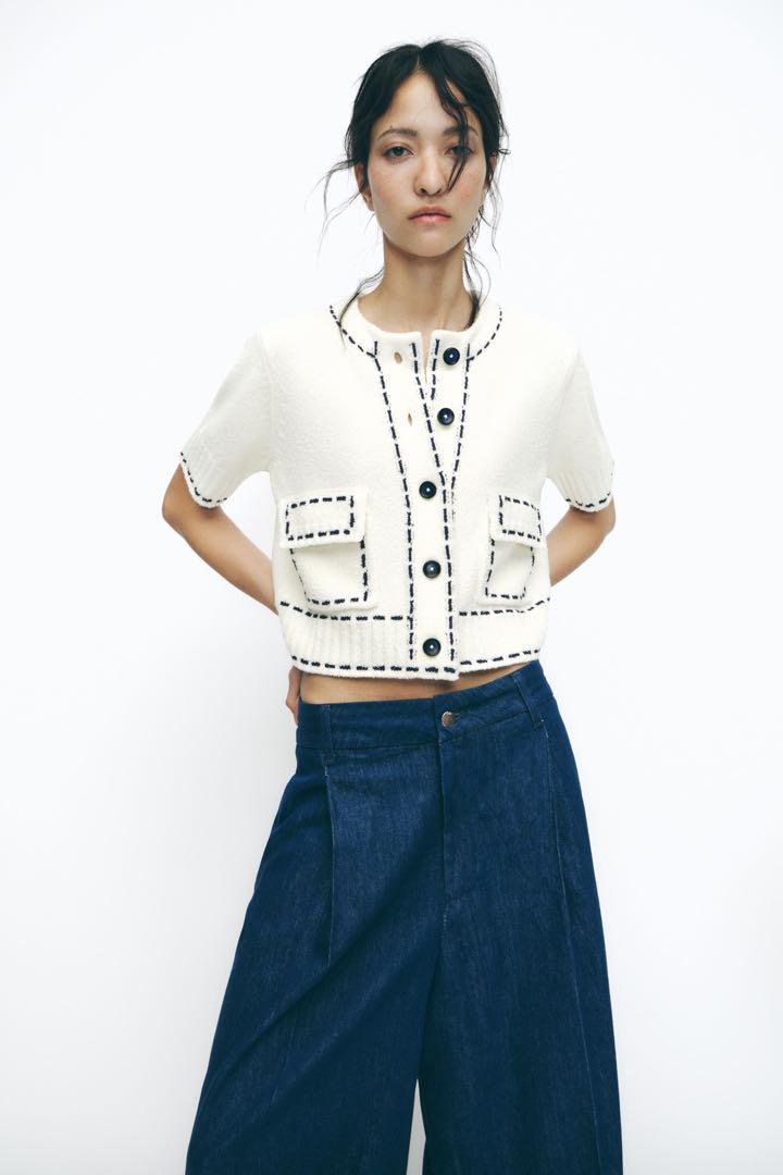 【完売品】ZARA ステッチ入りショートスリーブニットジャケット ZARA】ステッチ入りショートスリーブニットジャケット (ZARA