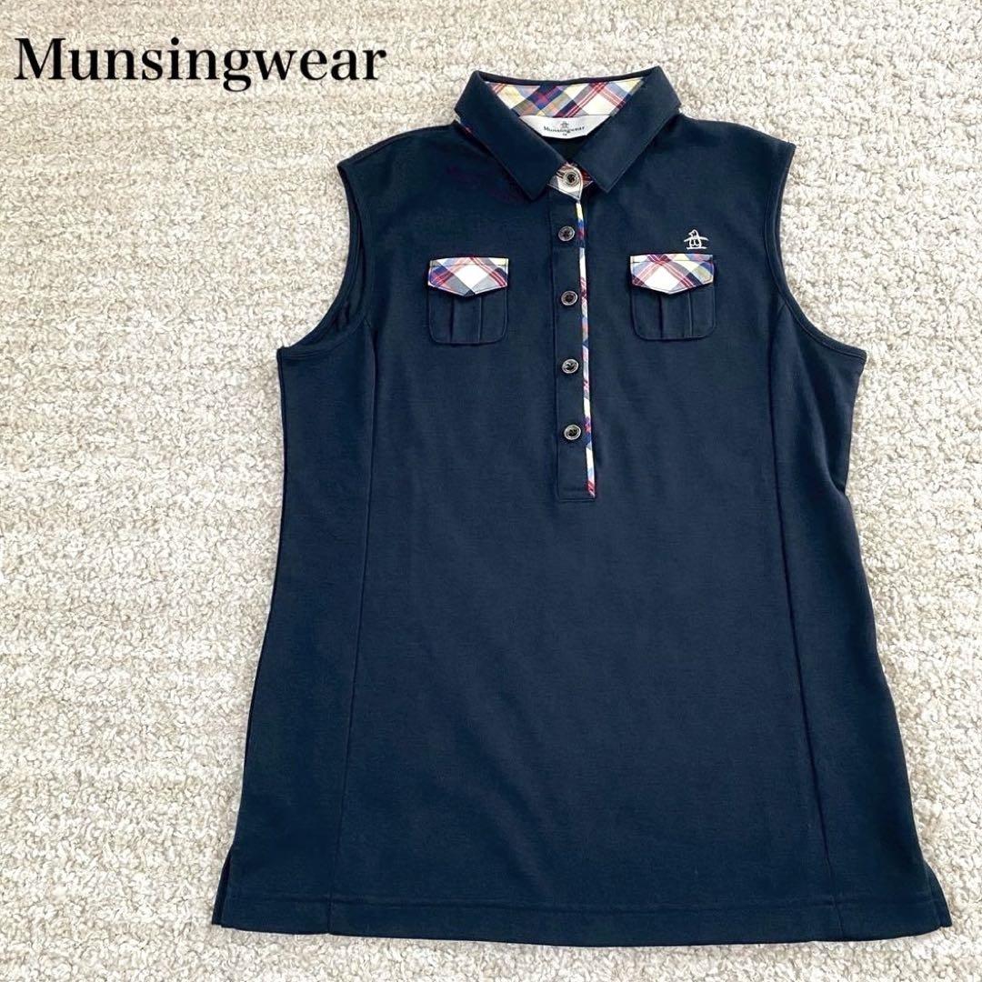 美品✨️マンシングウェア 刺繍ポロシャツ ネイビー チェック柄 半袖 　LL マンシングウェア MUNSINGWEAR ゴルフ ポロシャツ 半袖 ライン