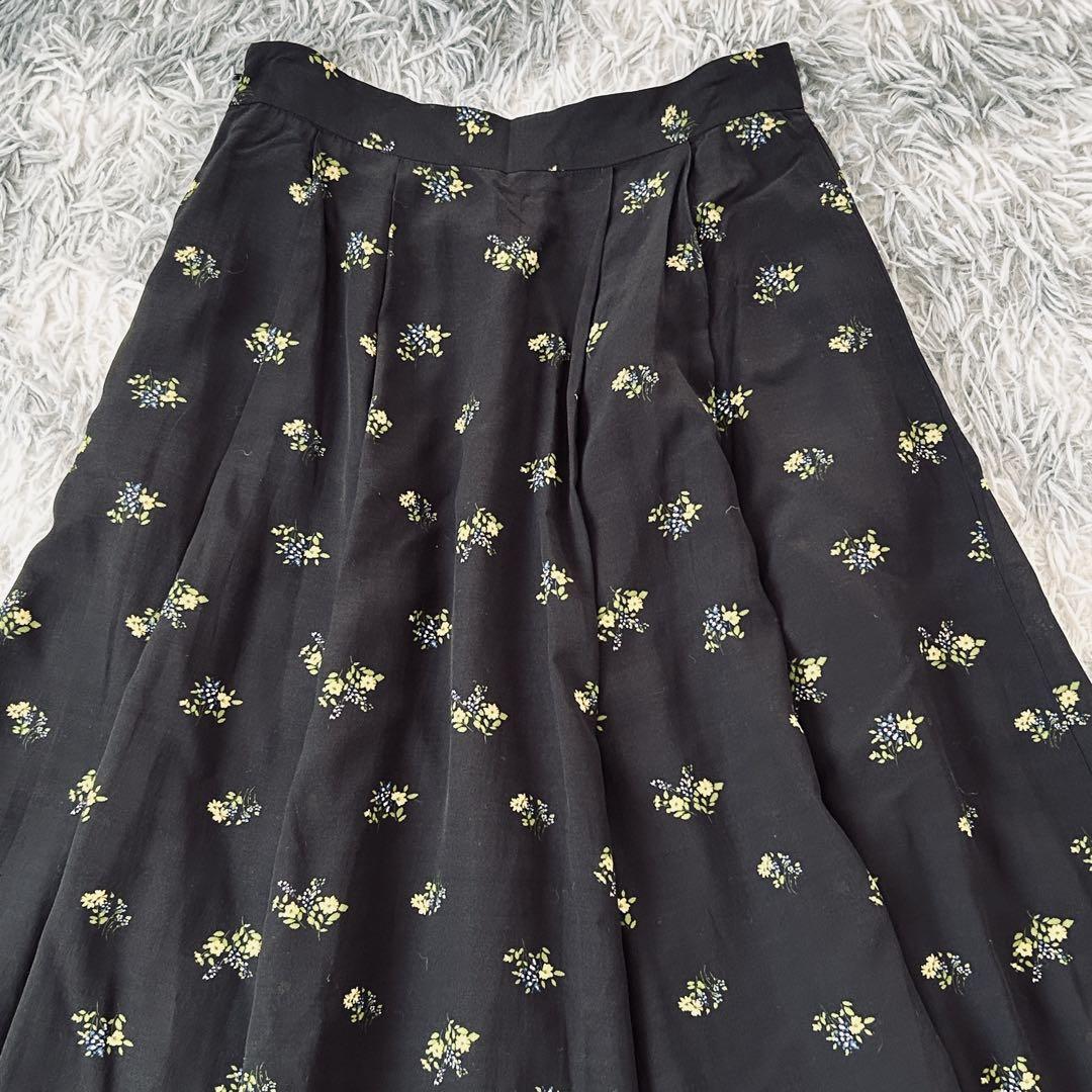 UNITED ARROWS フラワープリントロングフレアスカート（L）黒