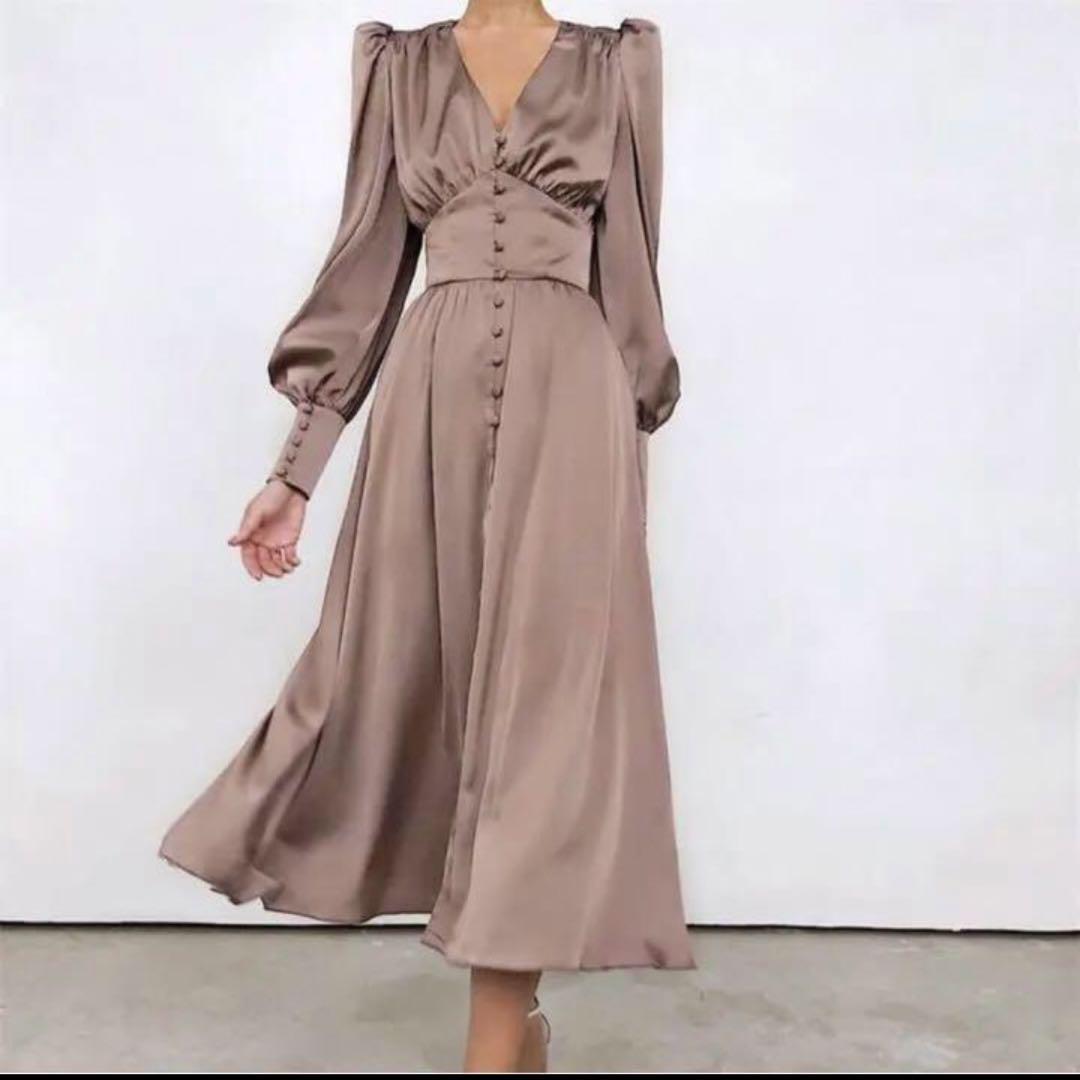 【美品】カシュクールロングワンピース／ドレス 値下げ ピンクベージュ サテンワンピース ドレス カシュクール