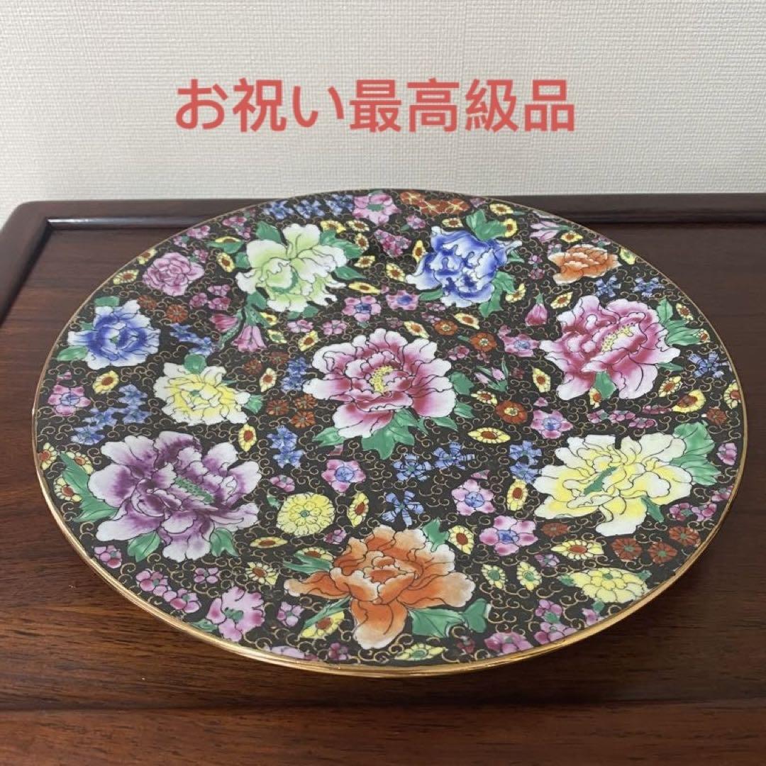 中国古美術品、牡丹花紋描金皿二枚、