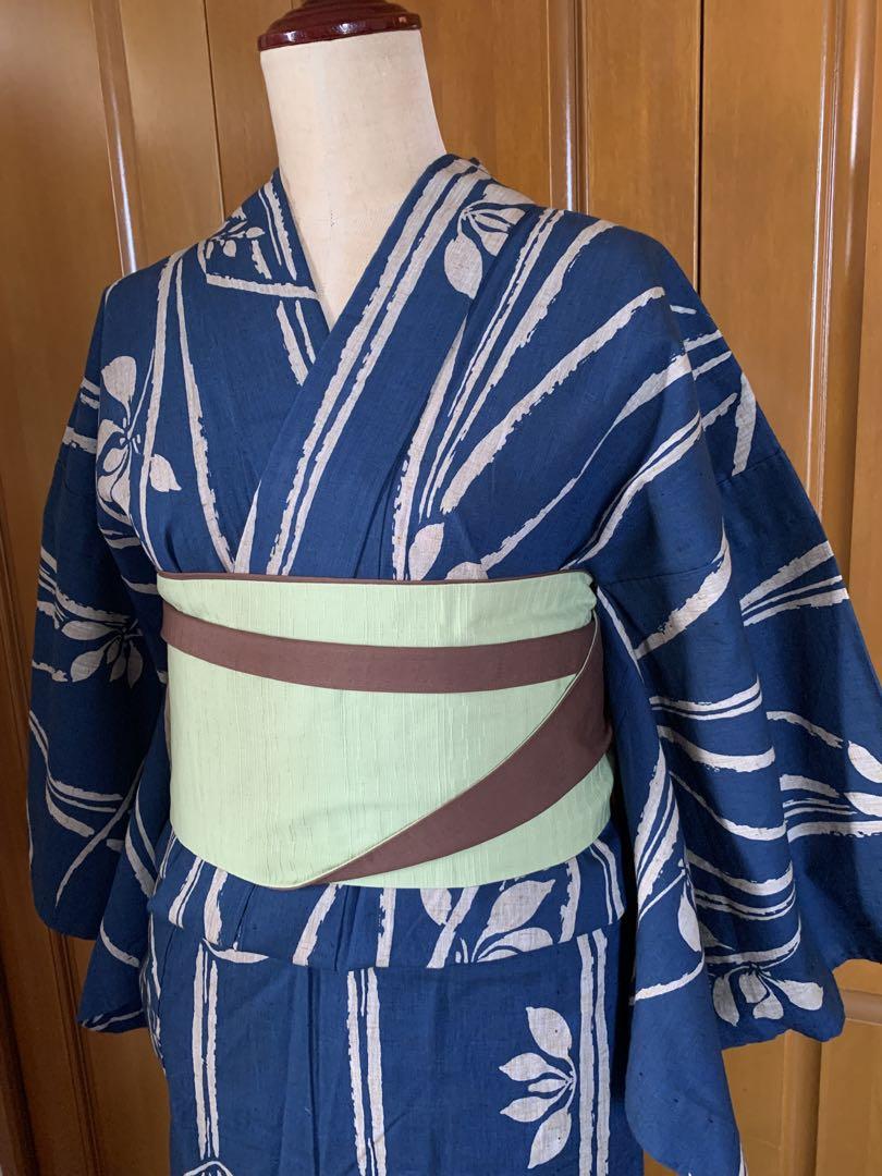 綿紬　注染手縫い　菖蒲の浴衣　お洒落　夏着物にも　リバーシブル半幅帯と下駄も