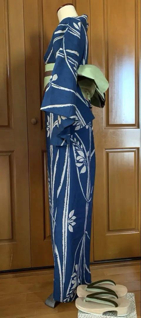 綿紬　注染手縫い　菖蒲の浴衣　お洒落　夏着物にも　リバーシブル半幅帯と下駄も