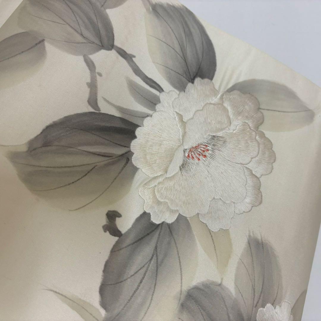 名古屋帯 刺繍 白い花 上品なデザイン 九寸 正絹 AO-1964
