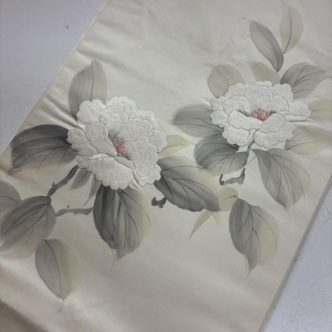 名古屋帯 刺繍 白い花 上品なデザイン 九寸 正絹 AO-1964