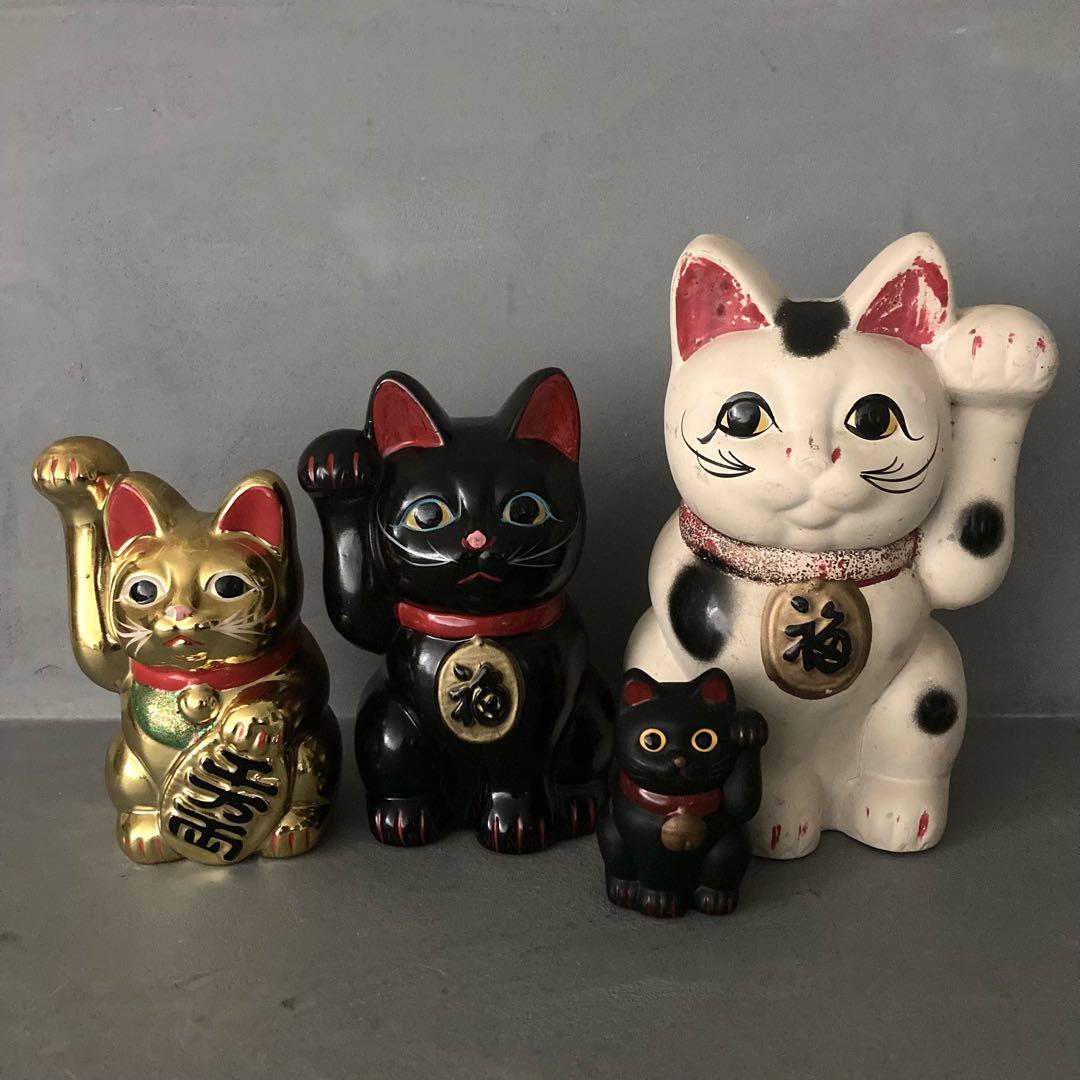 レトロ招き猫まとめ売り14点 レトロ招き猫 4体セット まとめ売り 縁起物 白.黒.金 - メルカリ