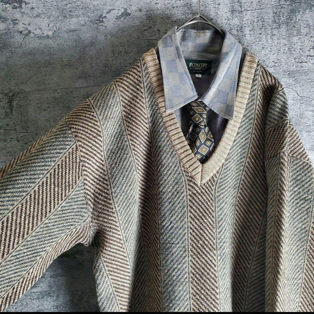 【ネクタイシャツ】ニットセーター 総柄 ヘリンボーン アースカラー レトロ