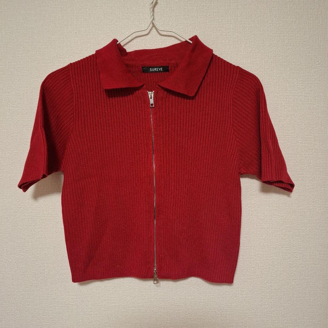 レッド 半袖ニットトップス 未使用 サマーニット レッド 半袖 トップス レディース Tシャツ