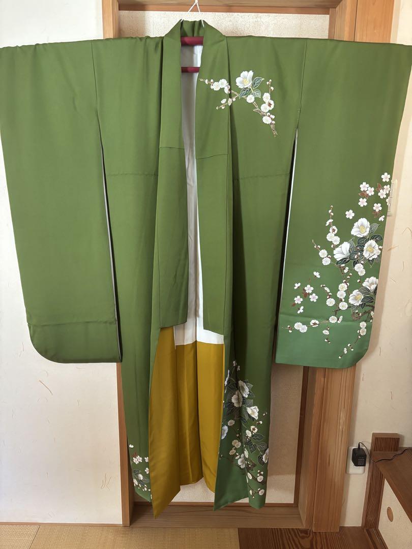 正絹 振袖 グリーン シンプル 花柄 長襦袢付き