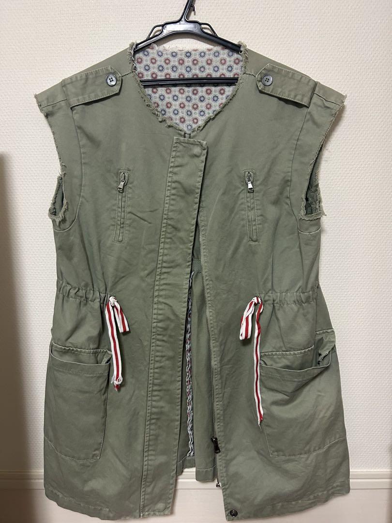 オリーブグリーン ノースリーブ ミリタリージャケット