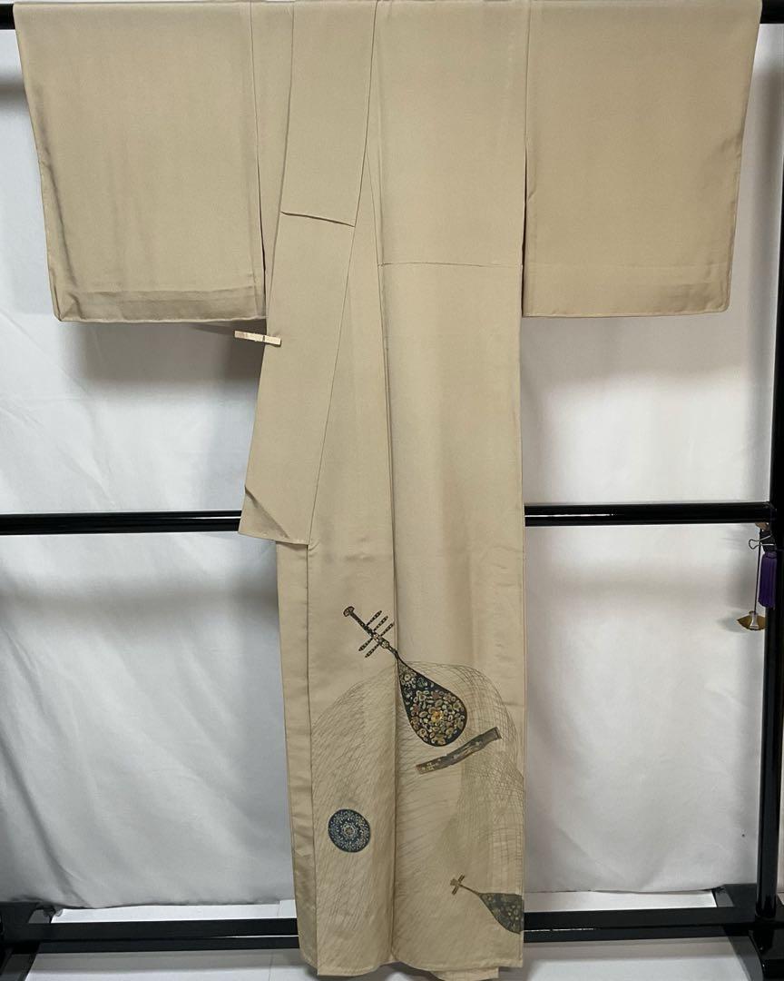 C760正絹 単衣 訪問着 螺鈿 金箔 和楽器 縫い紋 未使用しつけ付