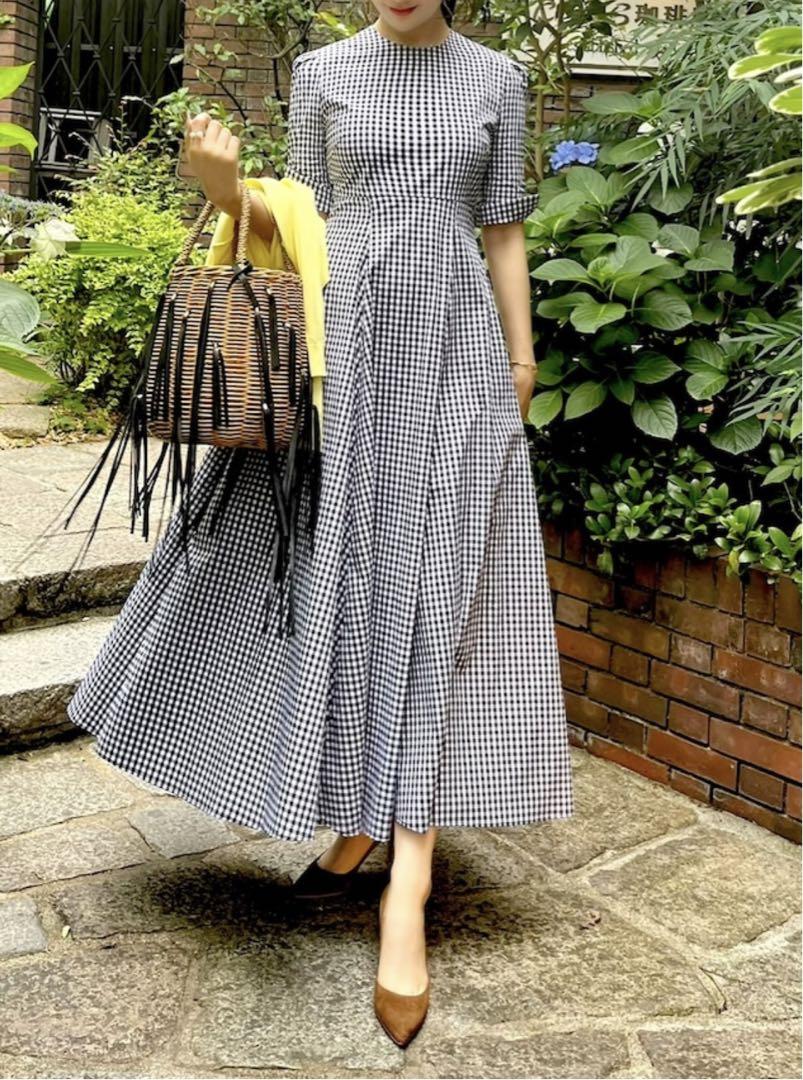 柔らかい HYEON gingham check flare onepiece black ロングワンピース