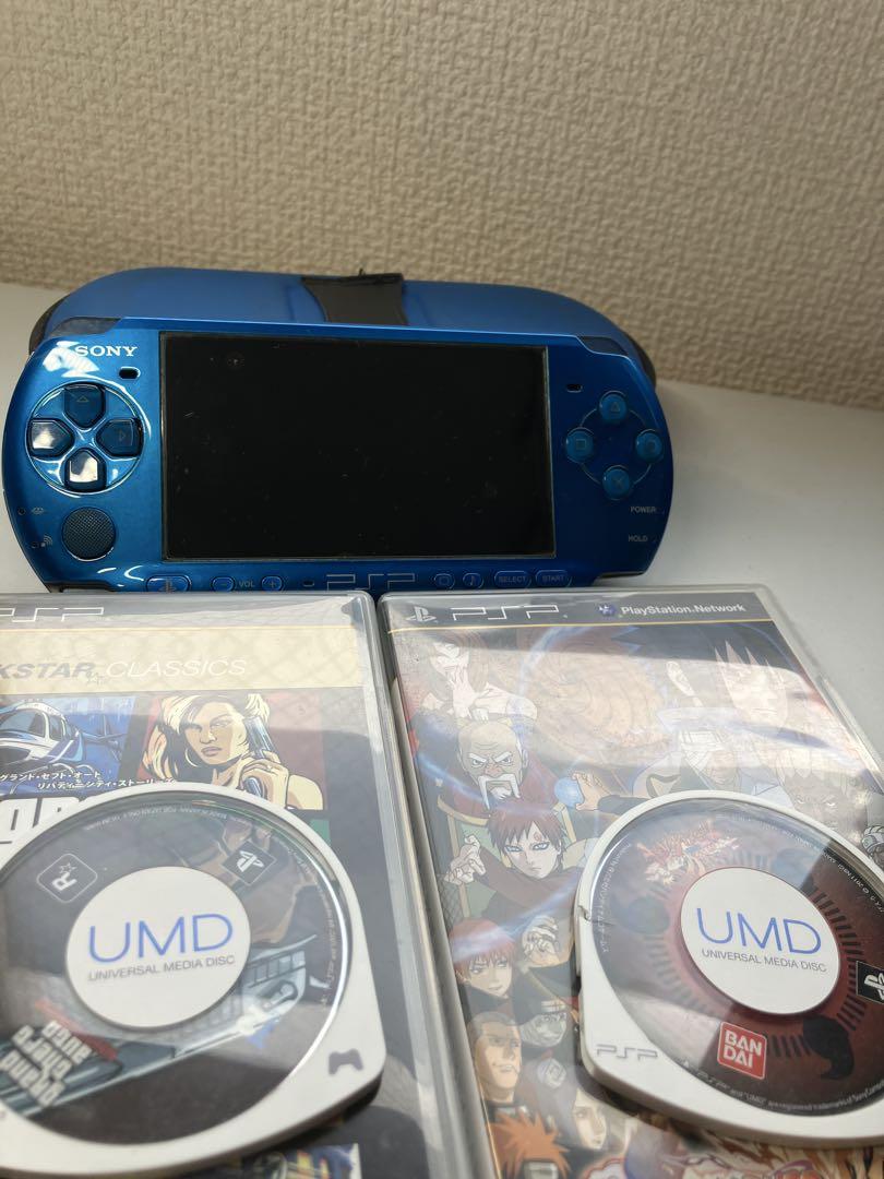 [処分]PSP3000 本体 ブルー グラセフ ナルト ケース付き
