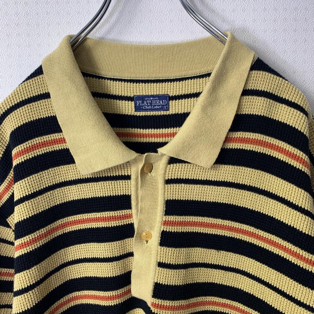 フラットヘッド ニットポロシャツ L リネン コットン ボーダー柄 日本製 刺繍