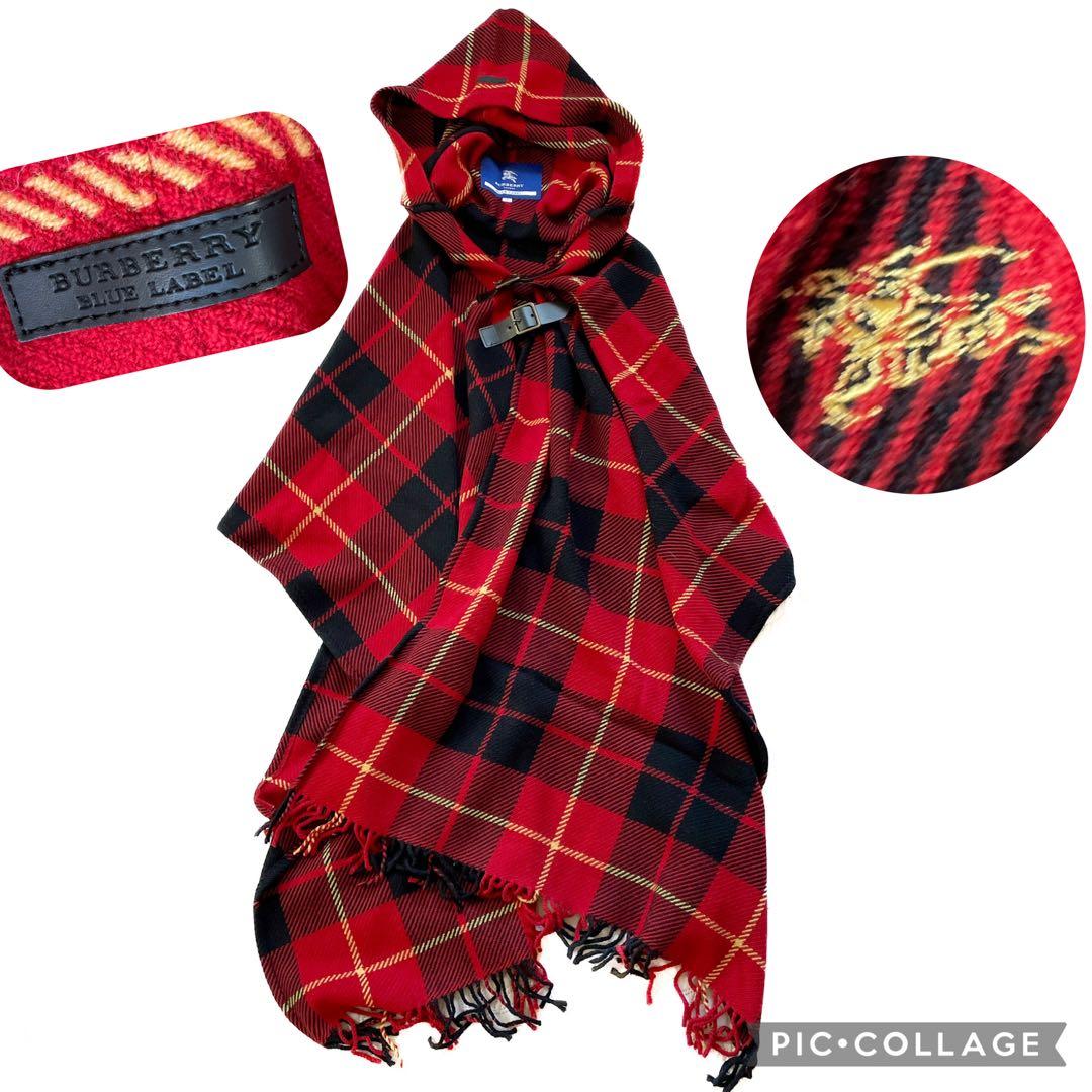 バーバリー ニット ポンチョ ストール チェック 赤 ベルト フード ロゴM BURBERRY BLUE LABEL