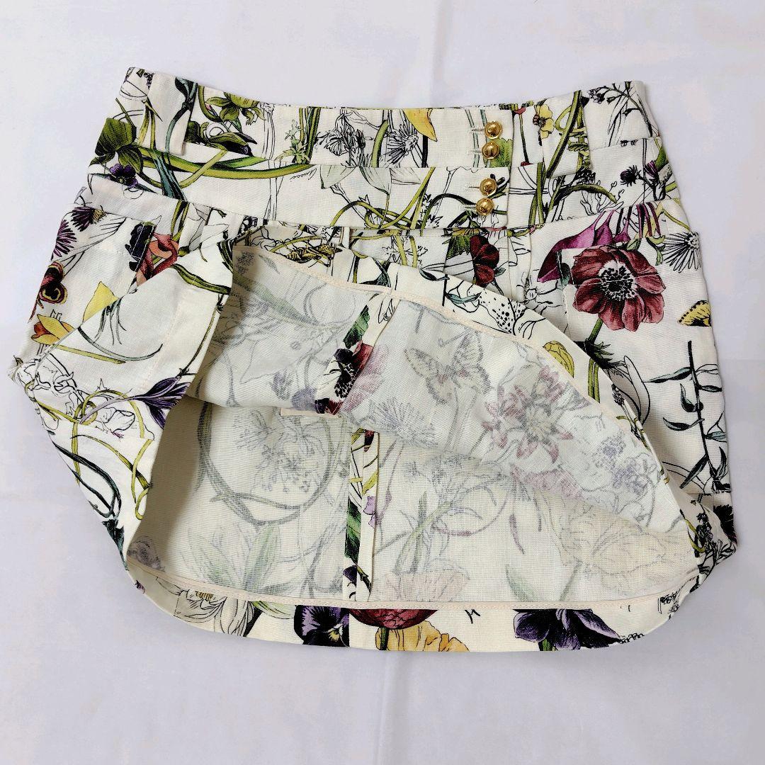美品 GUCCI リネン100 金ボタン フラワー スカート ミニ 花柄 グッチ